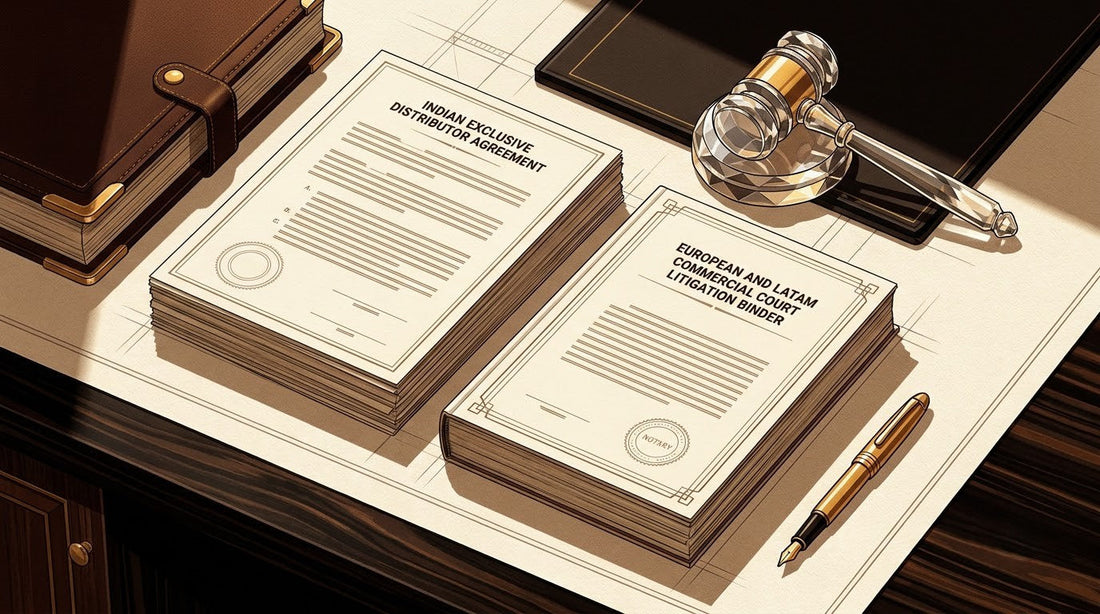 Illustration of an Indian Distributor Agreement on a polished Macassar ebony stone legal desk with a crystal gavel and leather folio for cross-border contract translation.