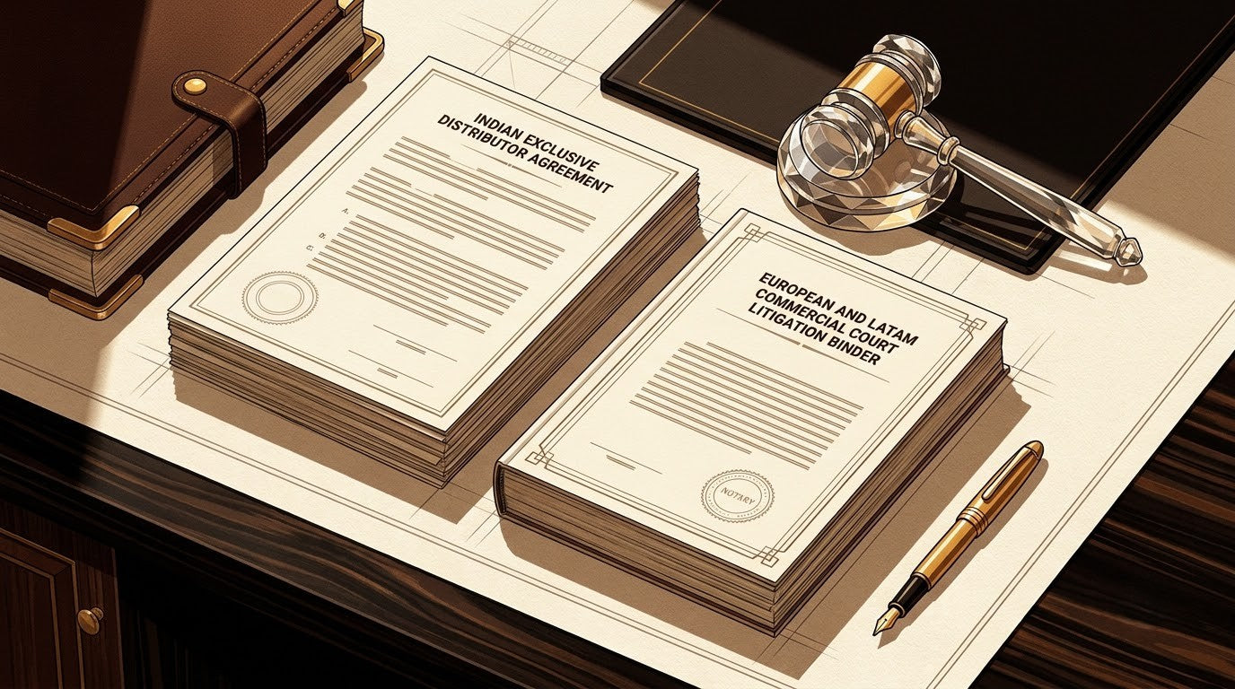Illustration of an Indian Distributor Agreement on a polished Macassar ebony stone legal desk with a crystal gavel and leather folio for cross-border contract translation.
