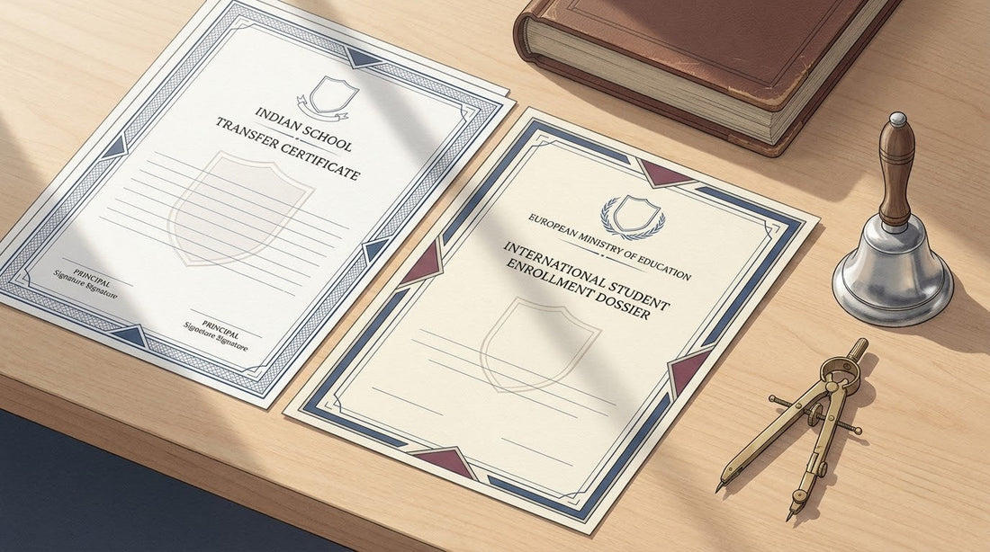 Illustration of an Indian Transfer Certificate on a light beechwood admissions desk with a silver bell and brass compass for international school translation.