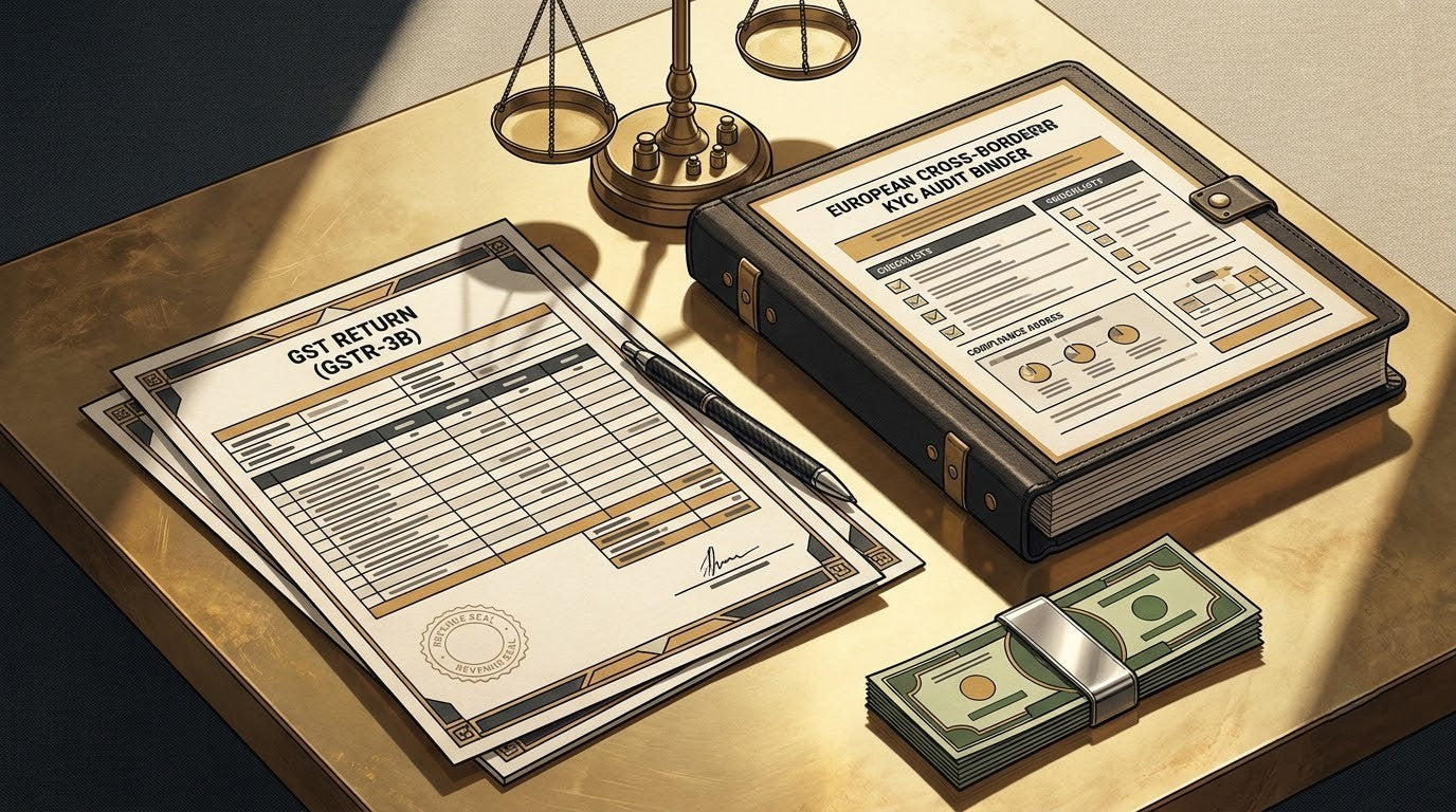 Illustration of an Indian GST Return on a brushed brass executive tax desk with an accounting scale and stylus for international B2B vendor audit translation.