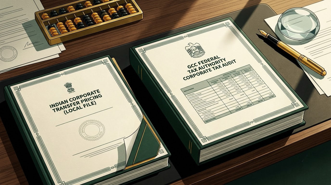 Illustration of an Indian Transfer Pricing Study on a polished dark walnut tax audit desk with a brass abacus and magnifying dome for GCC corporate tax translation.