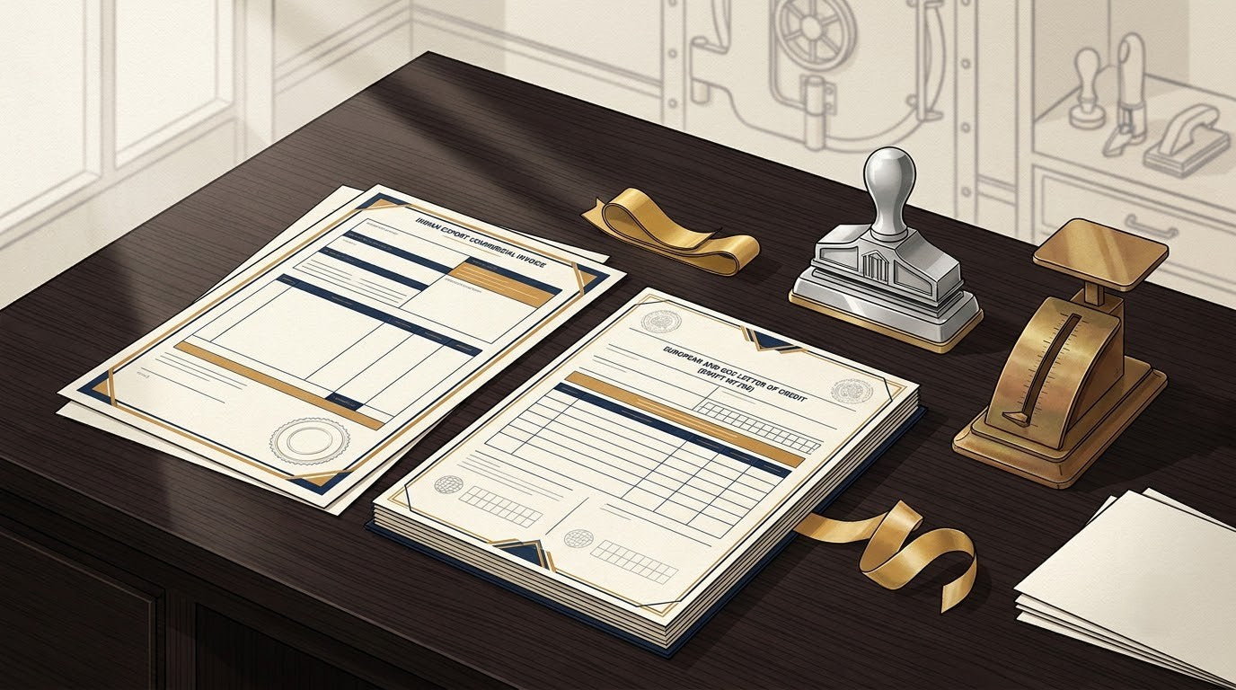 Illustration of an Indian Export Invoice on a polished dark wenge wood trade finance desk with a platinum seal press and brass scale for Letter of Credit translation.
