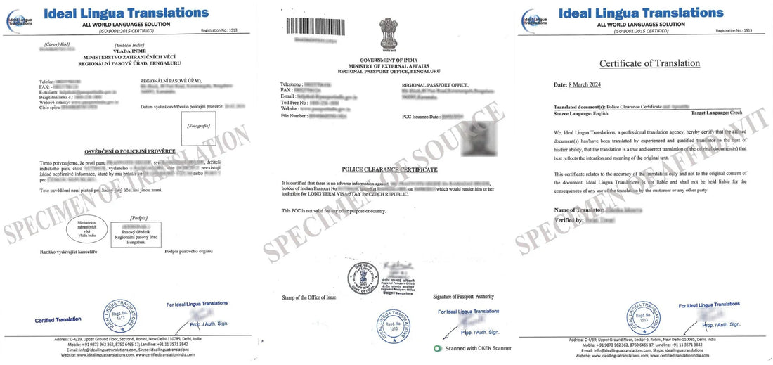 Real example of a Certified English to Czech Translation of an Indian Police Clearance Certificate (PCC) by Ideal Lingua Translations for work visa and immigration approval.