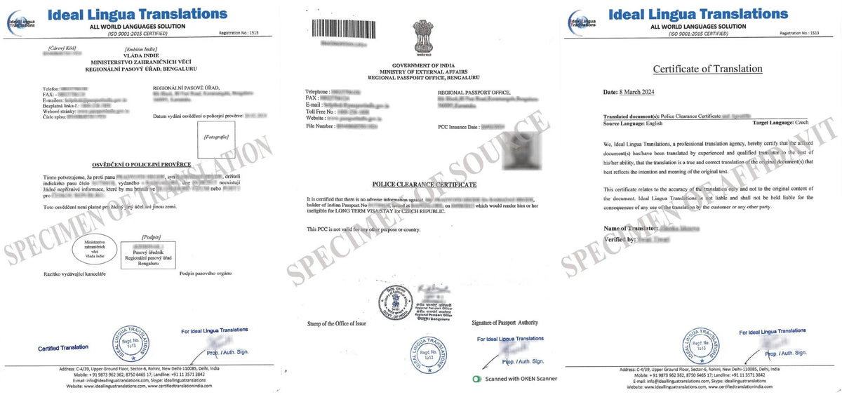 Real example of a Certified English to Czech Translation of an Indian Police Clearance Certificate (PCC) by Ideal Lingua Translations for work visa and immigration approval.
