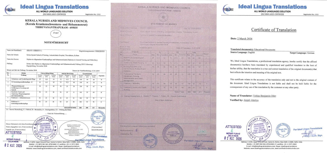 Real example of a Certified German Translation of an English Nursing Marksheet by Ideal Lingua Translations for Anerkennung and university admission in Germany.