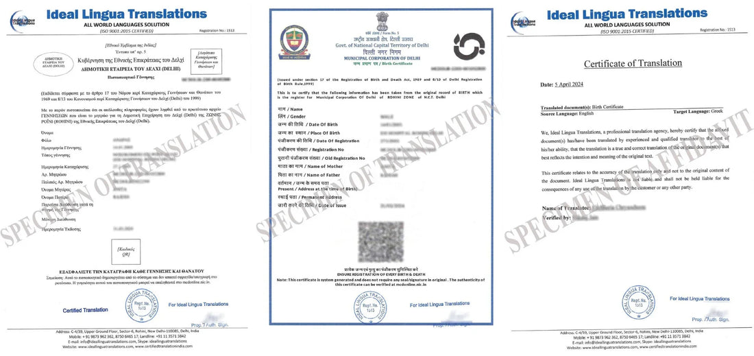 Real example of a Certified English to Greek Translation of an Indian Birth Certificate by Ideal Lingua Translations for dependent visa and immigration approval.