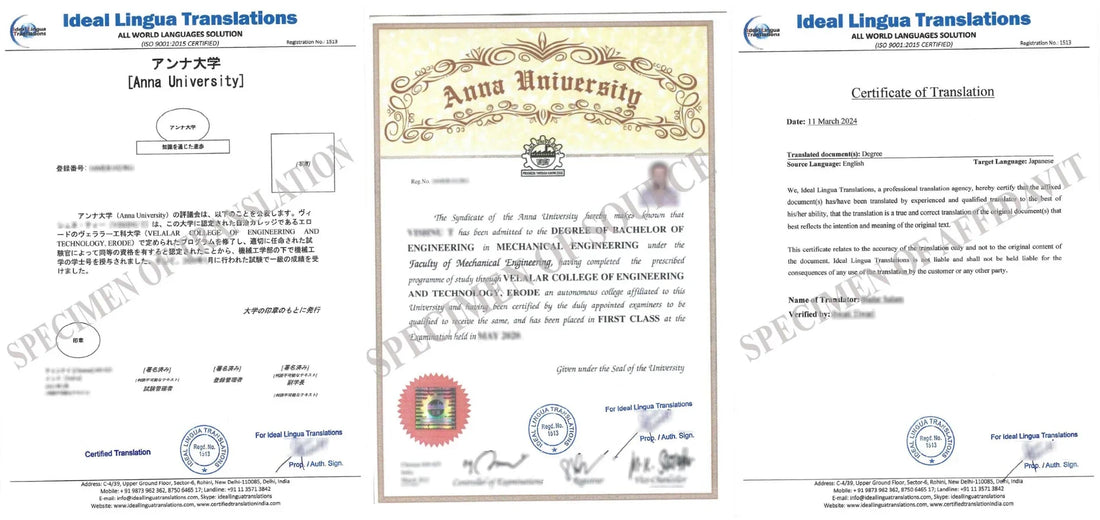 Real example of a Certified English to Japanese Translation of an Indian Bachelor Degree by Ideal Lingua Translations for COE and Japan Work Visa approval.