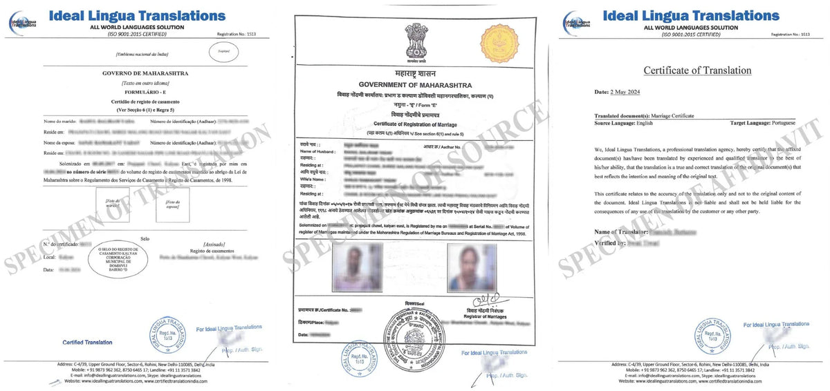 Real example of a Certified English to Portuguese Translation of an Indian Marriage Certificate by Ideal Lingua Translations for Portugal spouse visa and AIMA approval.