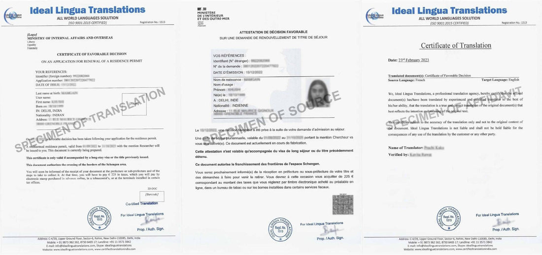 Real example of a Certified English Translation of a French Residence Permit (Titre de Séjour) by Ideal Lingua Translations with official agency stamps for KYC and visa approval.