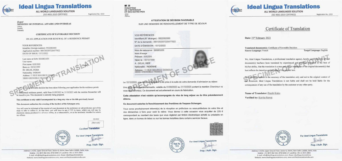 Real example of a Certified English Translation of a French Residence Permit (Titre de Séjour) by Ideal Lingua Translations with official agency stamps for KYC and visa approval.