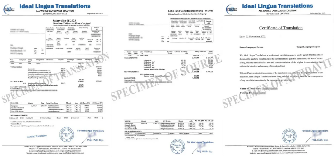 Real example of a Certified English Translation of a German Payslip (Gehaltsabrechnung) by Ideal Lingua Translations with official agency stamps for Indian bank loan approval.