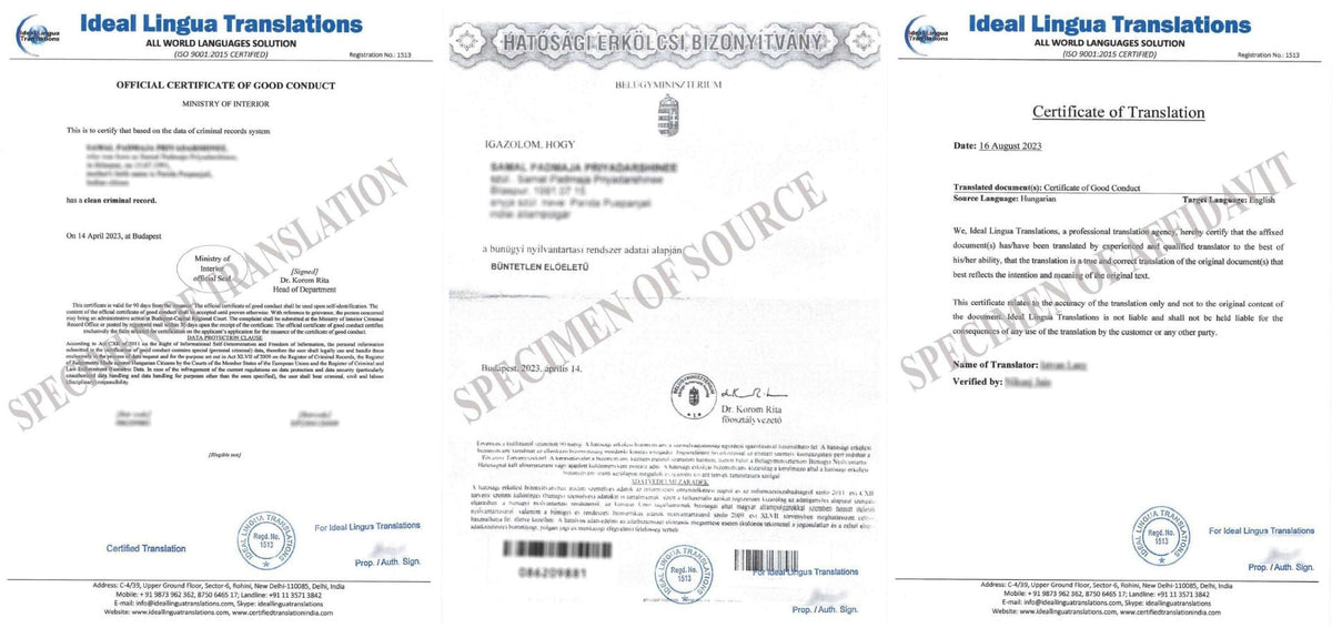 Real example of a Certified English Translation of a Hungarian Certificate of Good Conduct (Erkölcsi Bizonyítvány) by Ideal Lingua Translations for visa and background check approval.