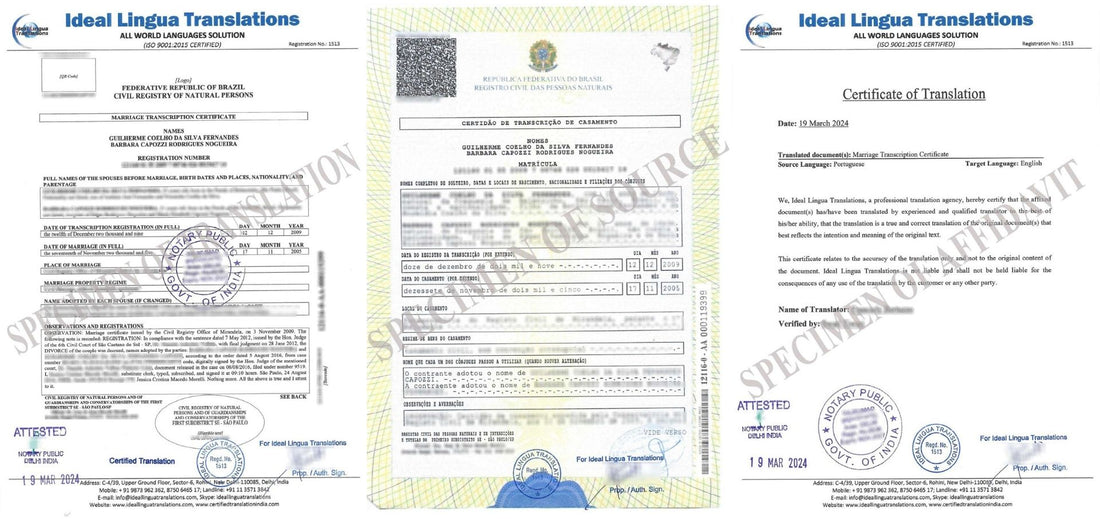 Real example of a Certified English Translation of a Portuguese Marriage Certificate (Certidão de Casamento) by Ideal Lingua Translations for OCI and spouse visa approval.