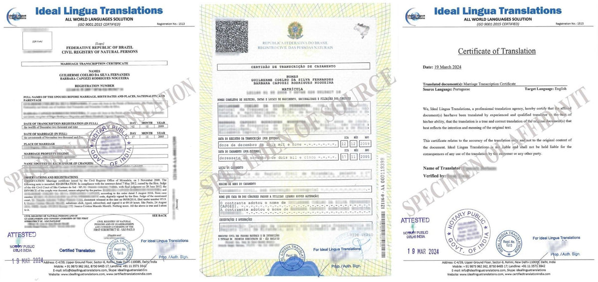 Real example of a Certified English Translation of a Portuguese Marriage Certificate (Certidão de Casamento) by Ideal Lingua Translations for OCI and spouse visa approval.