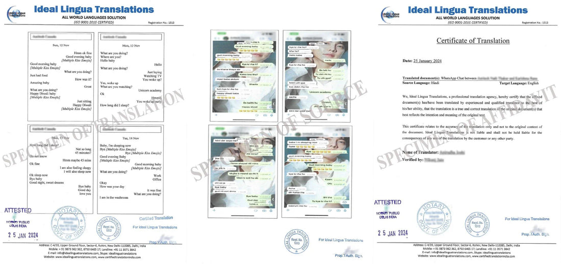 Real example of a Certified English Translation of WhatsApp chats by Ideal Lingua Translations for court evidence and spouse visa relationship proof.